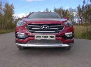 Обвес для HYUNDAI Santa Fe Premium (DM) 2015-2018 Защита передняя нижняя (овальная длинная с ДХО)) 75х42 мм