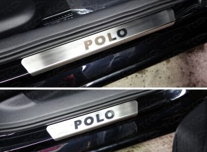 Обвес для VOLKSWAGEN Polo 2016-2020 Накладки на пороги (лист шлифованный надпись Polo) (4 шт)