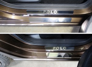 Обвес для VOLKSWAGEN Polo 2016-2020 Накладки на пороги внешние и внутренние (лист зеркальный надпись Polo) (8 шт)