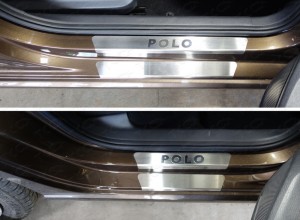 Обвес для VOLKSWAGEN Polo 2016-2020 Накладки на пороги внешние и внутренние (лист шлифованный надпись Polo) (8 шт)